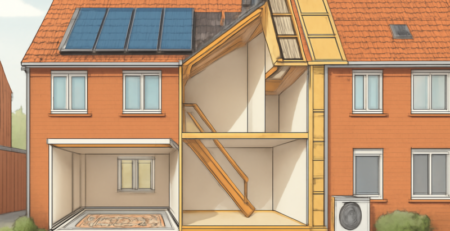 Doorsnede van een duurzaam gerenoveerde woning met isolatie, warmtepomp en zonnepanelen