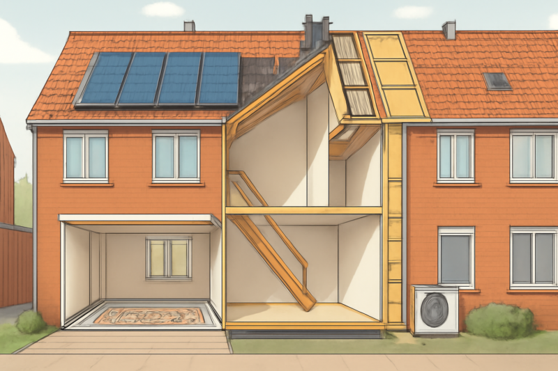 Doorsnede van een duurzaam gerenoveerde woning met isolatie, warmtepomp en zonnepanelen