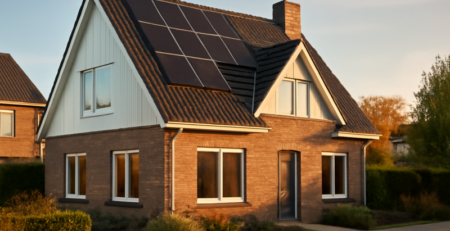 Energiezuinige woning met dakisolatie en zonnepanelen als voorbeeld van labelverbetering
