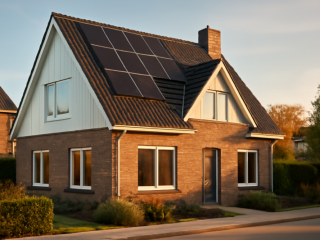 Energiezuinige woning met dakisolatie en zonnepanelen als voorbeeld van labelverbetering