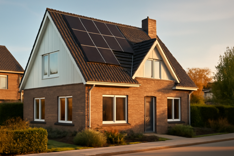 Energiezuinige woning met dakisolatie en zonnepanelen als voorbeeld van labelverbetering