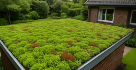 Groen sedumdak op een woonhuis met diverse vetplanten in rood en groen