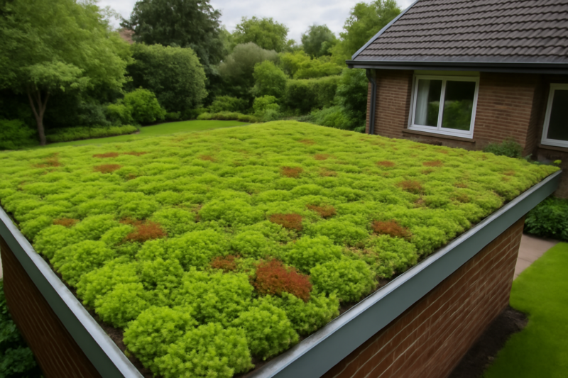 Groen sedumdak op een woonhuis met diverse vetplanten in rood en groen