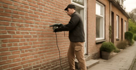 Vakman injecteert isolatiemateriaal in spouwmuur van een Nederlandse bakstenen woning