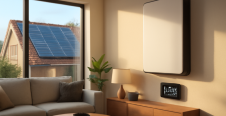Thuisbatterij aan de muur naast een slim energiedisplay met dynamische stroomprijzen