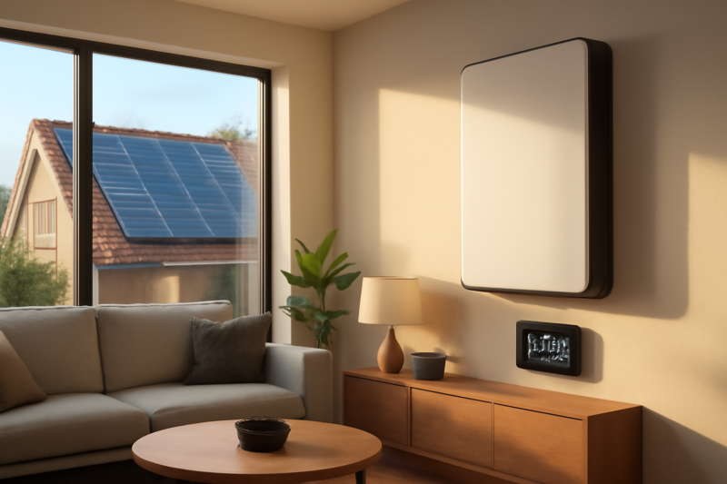 Thuisbatterij aan de muur naast een slim energiedisplay met dynamische stroomprijzen