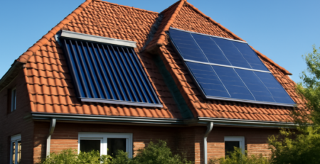 Zonnecollectoren en zonnepanelen naast elkaar op een modern woonhuis dak