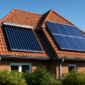 Zonnecollectoren en zonnepanelen naast elkaar op een modern woonhuis dak