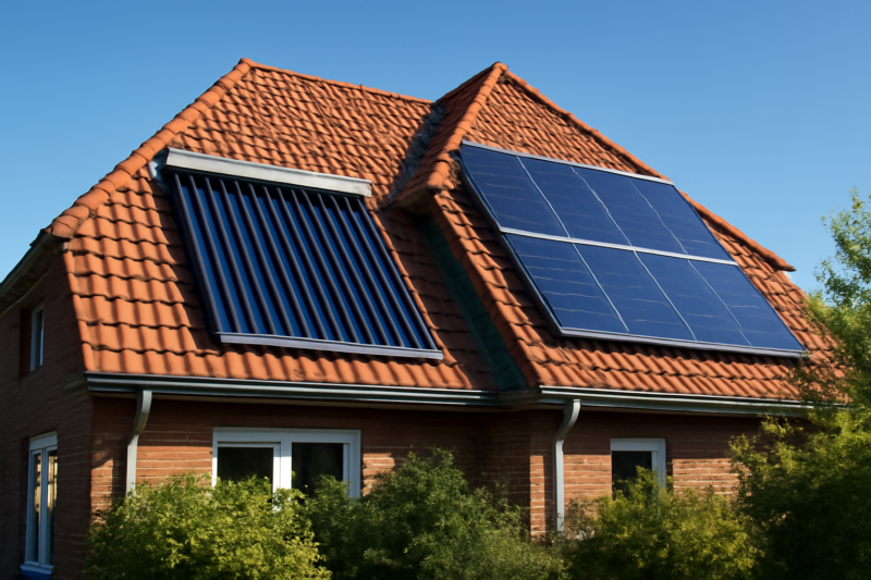 Zonnecollectoren en zonnepanelen naast elkaar op een modern woonhuis dak