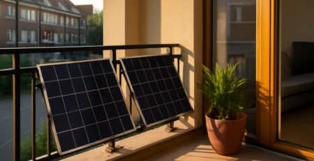 Plug-in zonnepanelen op het balkon van een Nederlandse huurwoning in de zon