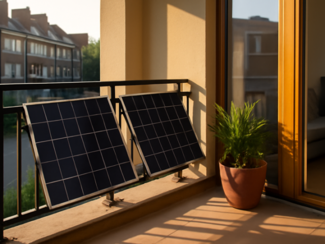Plug-in zonnepanelen op het balkon van een Nederlandse huurwoning in de zon