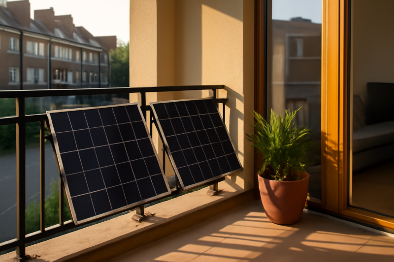 Plug-in zonnepanelen op het balkon van een Nederlandse huurwoning in de zon