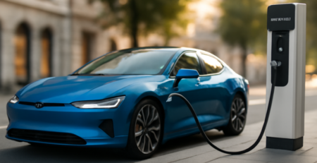 Moderne elektrische auto in blauw bij een snellaadstation op een zonnige Europese straat