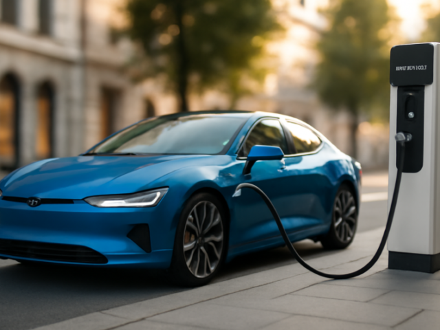 Moderne elektrische auto in blauw bij een snellaadstation op een zonnige Europese straat