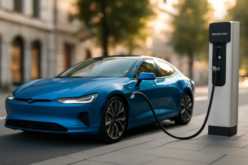 Moderne elektrische auto in blauw bij een snellaadstation op een zonnige Europese straat