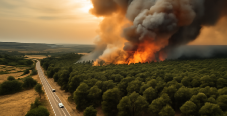 Luchtfoto van een grote bosbrand in Zuid-Frankrijk met een oranje rookpluim boven droge dennenbossen en een landelijke weg