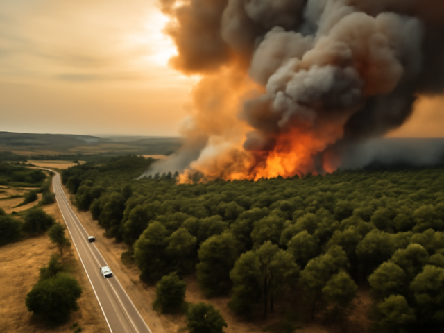 Luchtfoto van een grote bosbrand in Zuid-Frankrijk met een oranje rookpluim boven droge dennenbossen en een landelijke weg