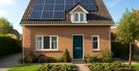 Duurzaam Nederlands woonhuis met zonnepanelen, fiets en moestuin op zonnige dag