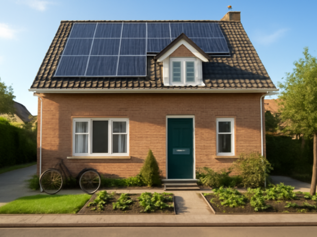 Duurzaam Nederlands woonhuis met zonnepanelen, fiets en moestuin op zonnige dag