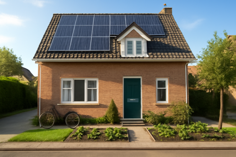 Duurzaam Nederlands woonhuis met zonnepanelen, fiets en moestuin op zonnige dag