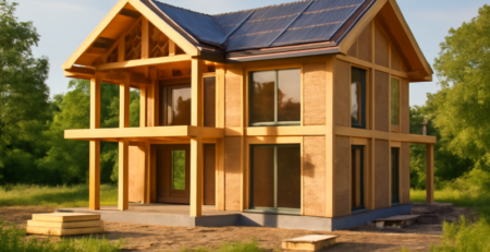 Duurzame villa in aanbouw met houten constructie, zonnepanelen en grote ramen
