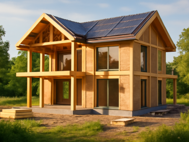 Duurzame villa in aanbouw met houten constructie, zonnepanelen en grote ramen