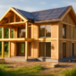 Duurzame villa in aanbouw met houten constructie, zonnepanelen en grote ramen