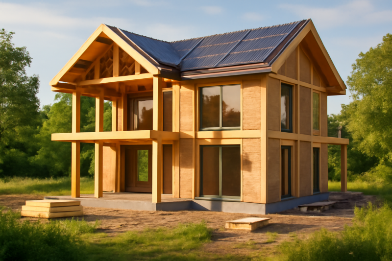 Duurzame villa in aanbouw met houten constructie, zonnepanelen en grote ramen