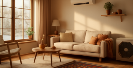 Moderne warmtepomp in een gezellige Nederlandse woonkamer met vloerverwarming en grote ramen
