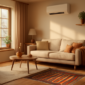Moderne warmtepomp in een gezellige Nederlandse woonkamer met vloerverwarming en grote ramen