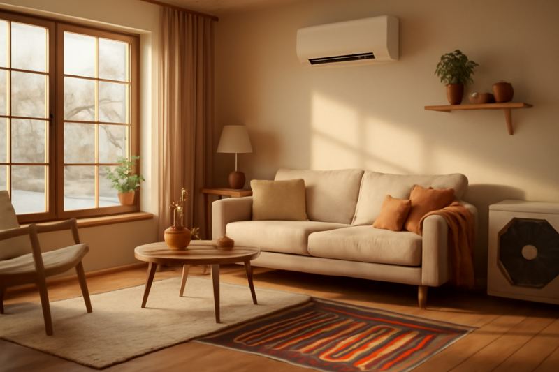 Moderne warmtepomp in een gezellige Nederlandse woonkamer met vloerverwarming en grote ramen