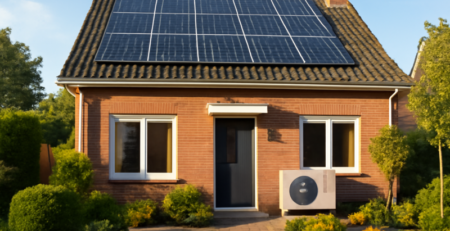 Moderne Nederlandse woning met zonnepanelen op het dak en een warmtepomp naast de gevel