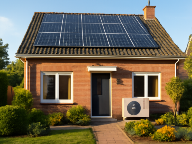 Moderne Nederlandse woning met zonnepanelen op het dak en een warmtepomp naast de gevel