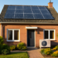 Moderne Nederlandse woning met zonnepanelen op het dak en een warmtepomp naast de gevel