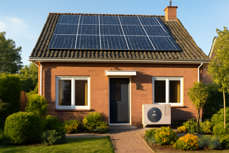 Moderne Nederlandse woning met zonnepanelen op het dak en een warmtepomp naast de gevel