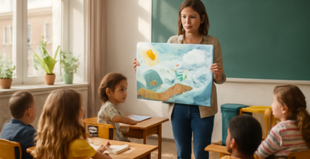 Leerkracht legt duurzaamheid uit aan basisschoolkinderen in een lichte klas