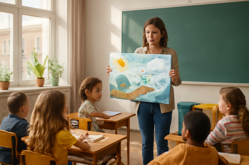 Leerkracht legt duurzaamheid uit aan basisschoolkinderen in een lichte klas