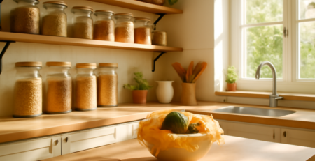 Duurzame keuken met glazen bewaarpotten, houten aanrechtblad en herbruikbare wrap