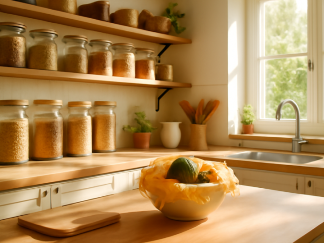 Duurzame keuken met glazen bewaarpotten, houten aanrechtblad en herbruikbare wrap