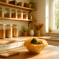 Duurzame keuken met glazen bewaarpotten, houten aanrechtblad en herbruikbare wrap
