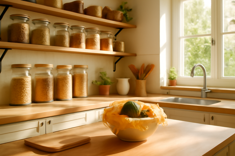 Duurzame keuken met glazen bewaarpotten, houten aanrechtblad en herbruikbare wrap