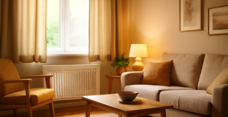Gezellige energiezuinige woonkamer met dikke gordijnen en LED-verlichting voor senioren