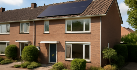 Rijtjeshuis met zonnepanelen op het dak en moderne isolerende ramen