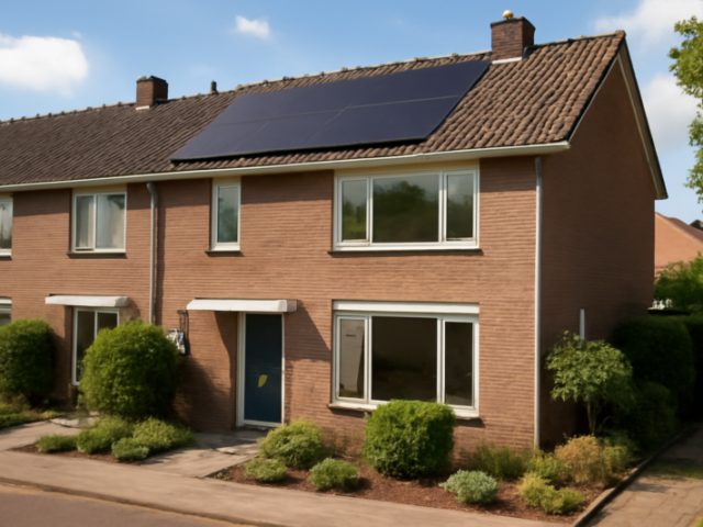 Rijtjeshuis met zonnepanelen op het dak en moderne isolerende ramen