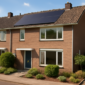 Rijtjeshuis met zonnepanelen op het dak en moderne isolerende ramen