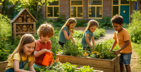Leerlingen werken aan een moestuin op het schoolplein als duurzaam schoolproject