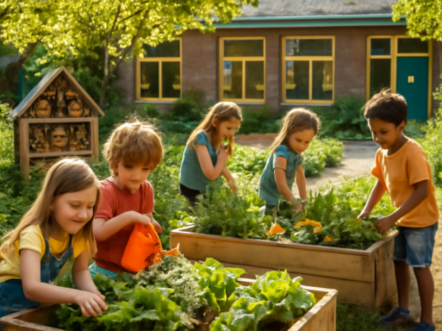 Leerlingen werken aan een moestuin op het schoolplein als duurzaam schoolproject
