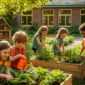 Leerlingen werken aan een moestuin op het schoolplein als duurzaam schoolproject