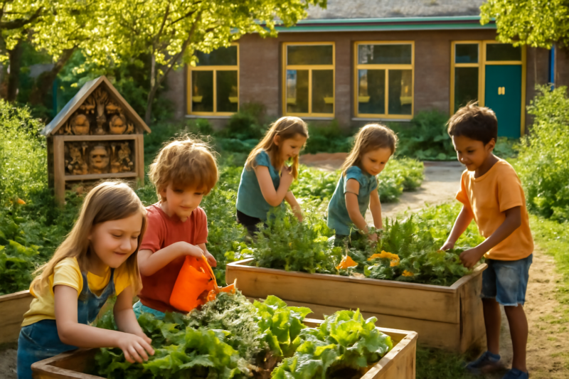 Leerlingen werken aan een moestuin op het schoolplein als duurzaam schoolproject