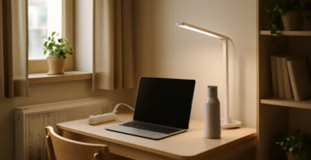 Nette studentenkamer met LED-lamp, slimme stekkerdoos en radiatorfolie